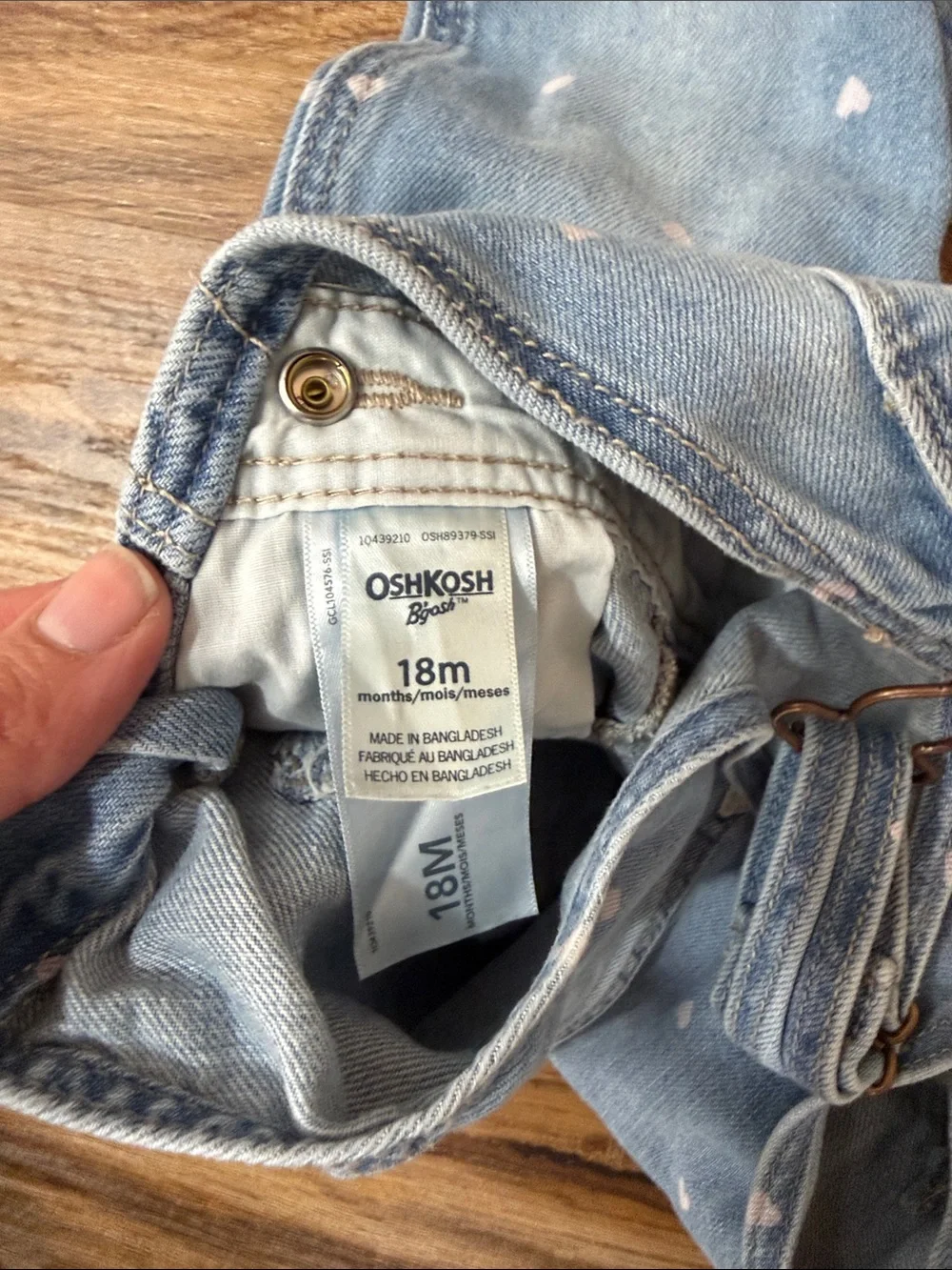 OshKosh B'gosh Girls Light Blue Denim Overalls with White Heart Print 18m